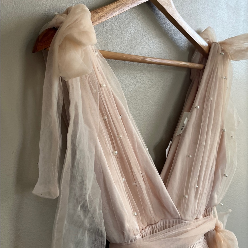 Mable Pearl Stud Swiss Dot Tulle Mini Dress in blush pink size large - Picture 4 of 16